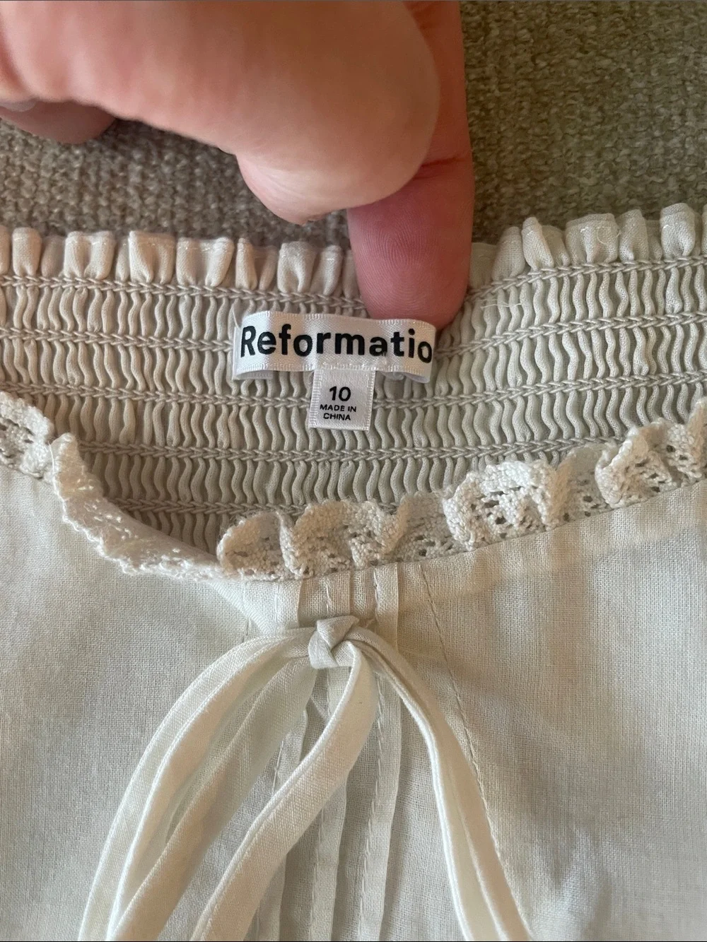 Reformation Cream Eyelet Tie-Front Peasant Blouse